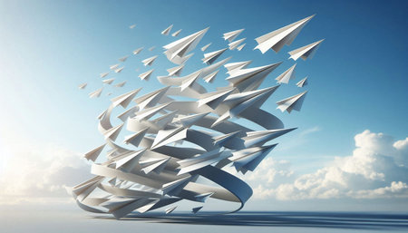 Paper planes flying in the blue sky. 3D render image.