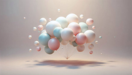 3d rendering of colorful balloons floating in the air on pastel background