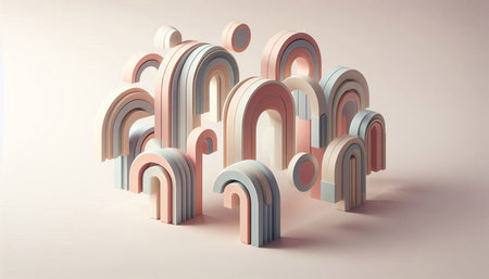 3d illustration of abstract geometric shapes in pastel colors with shadow