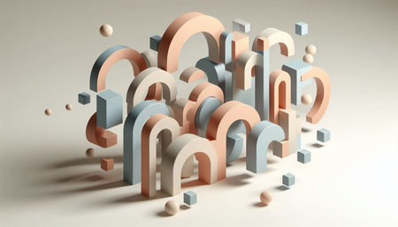 Abstract 3d rendering of geometric shapes in pastel colors with shadows