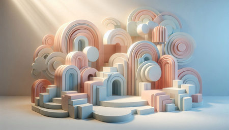 3d render, abstract geometric background with pastel colors, podiums