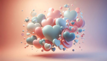 3d render of colorful hearts floating on pastel background. Love concept