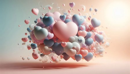 3d rendering of pink and blue heart balloons floating in the air
