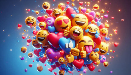 3d rendering of happy emoji group with heart shape balloons on blue background