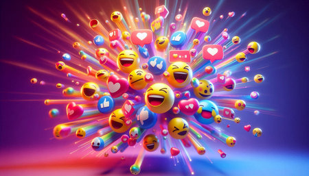 Social Media Concept. Group of Smiley Emoticon with social media icons. 3d illustration