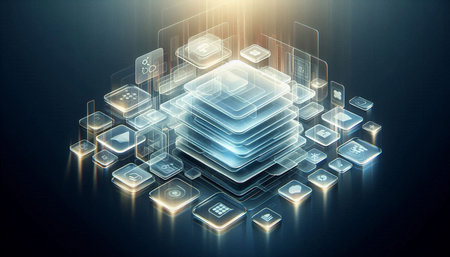3D rendering of technology concept with glowing cubes on dark background.