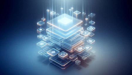 3D rendering of digital technology concept with binary code on blue backgroundの写真素材