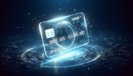 Futuristic credit card hologram hologram on blue background 3D rendering