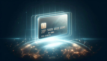 Digital composite of Credit card against blue background with circuit board and flare
