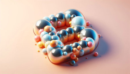 3d rendering of a heart made of colorful spheres on a pink backgroundの写真素材