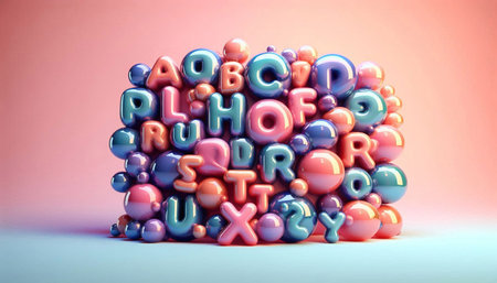 Colorful 3d rendering of alphabet made of plasticine balls.