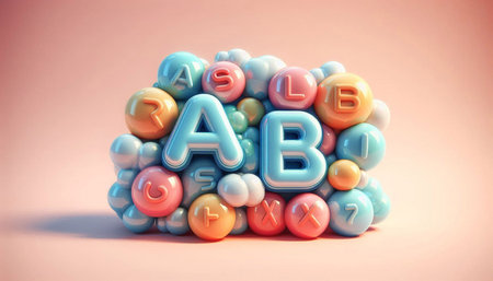 Alphabet made of colorful plastic beads on pink background. 3d rendering