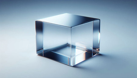 3d render of a glass cube on a blue background with reflection