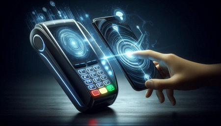 Hand of businesswoman using mobile phone with NFC technology concept on background