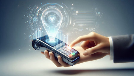 Close up of human hand holding mobile phone with glowing light bulb concept