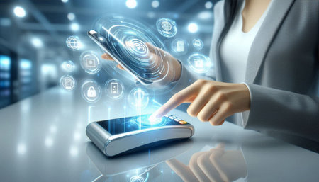 Close view of businesswoman using smartphone with media icons on screen 3D rendering
