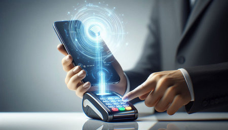 Close up of businesswoman using mobile phone with contactless payment concept