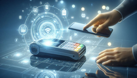 Close up of businessman using smartphone with contactless payment concept on background