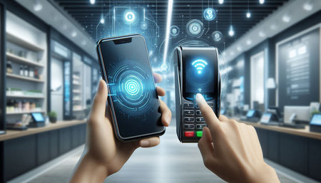 Close up of human hands using smartphone with contactless payment interface 3D rendering