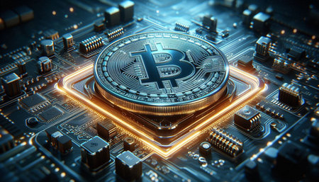 Golden bitcoin on circuit board. Cryptocurrency concept. 3D Rendering
