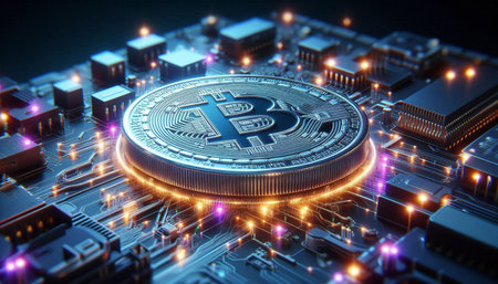 Golden bitcoin on the motherboard. Cryptocurrency concept. 3D illustration
