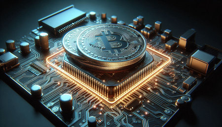 Bitcoin on the electronic board. 3D illustration. Cryptocurrency concept.