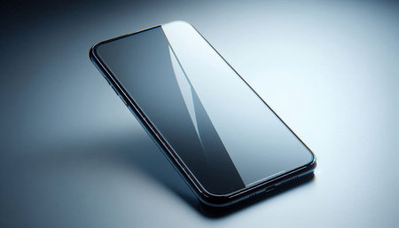 Smartphone with blank screen on a gray background. Close up.