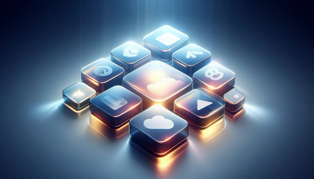 Cloud computing technology concept as a group of shiny 3d computer icons with blue background