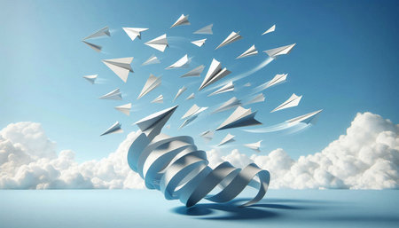 Conceptual image with white paper planes flying high in blue sky