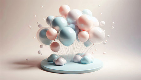 3d render of blue and pink balloons on a blue podium.