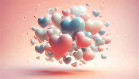 3d rendering of colorful hearts floating in the air on pink background