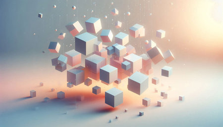 Abstract 3d rendering of cubes flying in space. Futuristic background.の写真素材