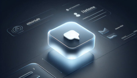 3D rendering of a button with a chat icon on a blue background