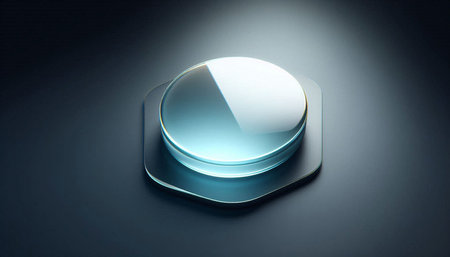 Illuminated glass button on a dark background. 3d rendering