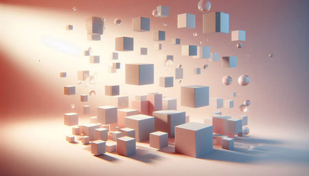 3d rendering of abstract cubes in empty space with light effects.の写真素材