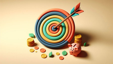 target with piggy bank and coins on color background. 3d illustration