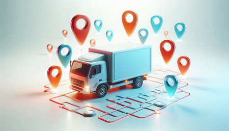 3d rendering of a truck with a map in the background.