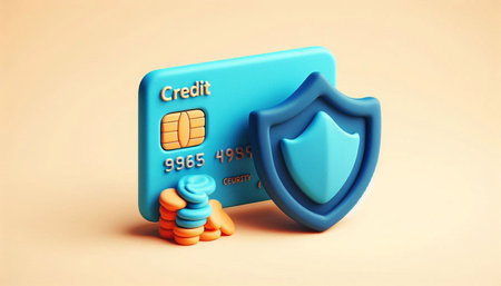 Credit card with shield and coins on light background. 3d illustration