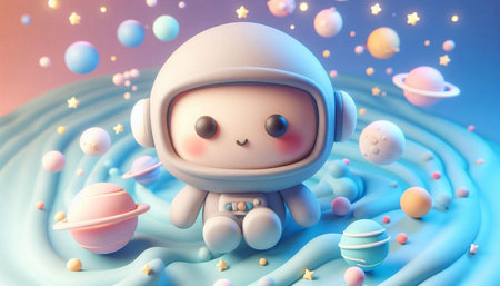 Cute astronaut in space with planets and stars, 3d rendering