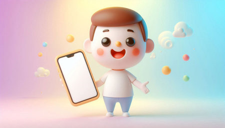 Cute cartoon character with mobile phone. 3d render illustration.
