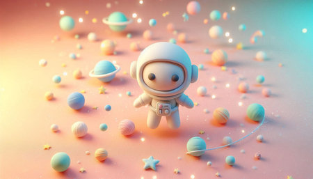 3d illustration. Cute cartoon astronaut and planets on a pink background.の写真素材
