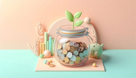 Coins in glass jar with piggy bank and green plant on pastel backgroundの写真素材