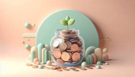 Coins in a glass jar with plant growing on top. 3D renderingの写真素材