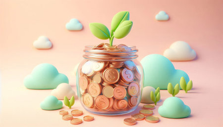 Money tree in a glass jar with coins. 3d illustration.