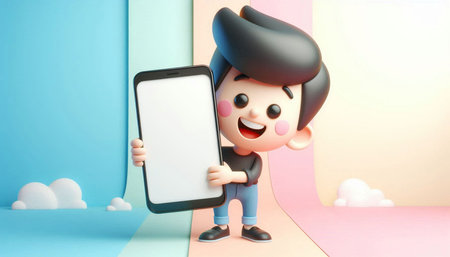 Cartoon character holding a smartphone with blank screen. 3d renderingの写真素材