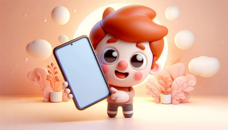 3D Render of Cute Cartoon character with blank screen mobile phoneの写真素材