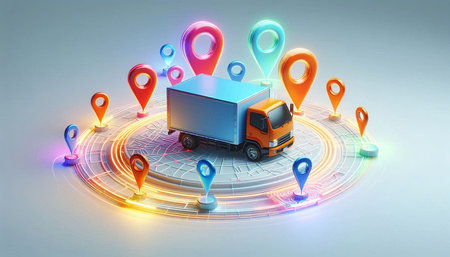 3d rendering of a truck with a map on the background of colorful pins