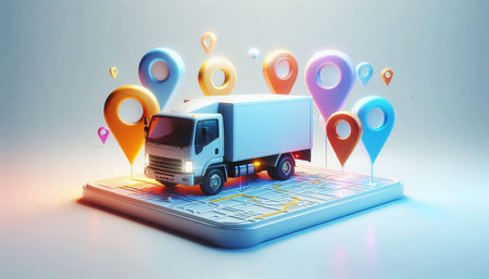 3d rendering of a truck with a map on a mobile phone