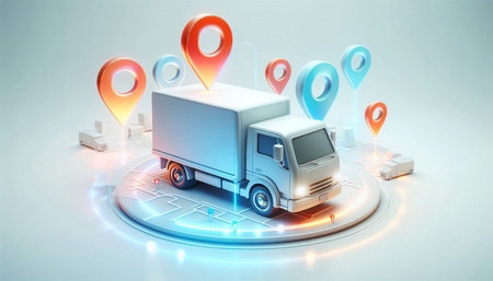 3d rendering of a delivery truck with a map in the backgroundの写真素材