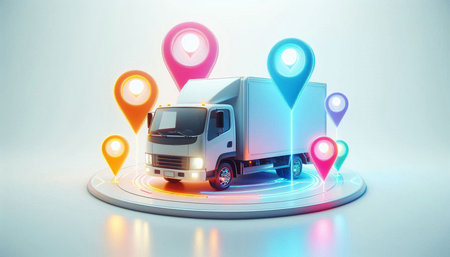 3d rendering of a delivery truck on a white background with colorful map pointers